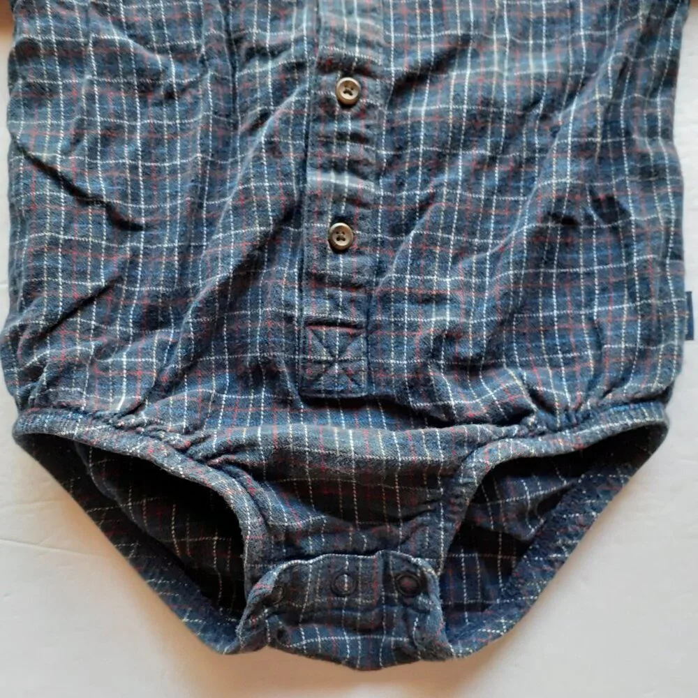 Oshkosh Boys Shirt Button Down Bodysuit Navy Plaid Long Sleeve 18 Months